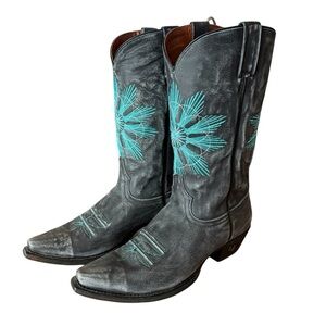 Eight Second Angel Leather Snip Toe Cheyenne Cowgirl Boots Gray and Turquoise 10